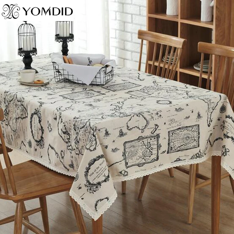 

Map Tablecloth European style Linen Cotton Functional Table Cloth for Home Hotel Picnic Party Tablecloths Rectangular