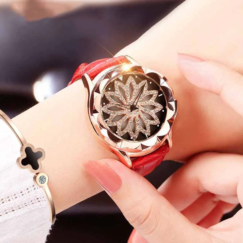 

2019 Luxury Women Watches Rhinestone Creative Rotation Flower Ladies Quartz Watch Leather Dress Bracelet Rose Gold Female Clock