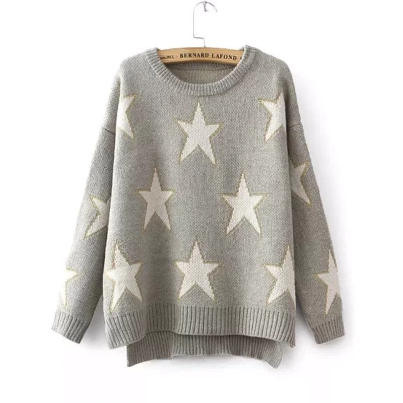 

Women New Autumn Winter Casual Sweaters O Neck Long Sleeve Split Hem Stars Print Loose Pullovers Female Fashion Basic Jumpers