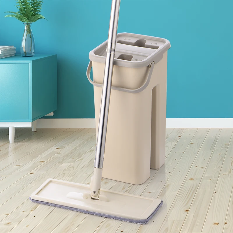 Baratos Fregona de compresión plana y cubo de mano libre de mopa para limpiar el piso almohadillas de fregona de microfibra uso húmedo o seco en baldosa laminada de madera dura
