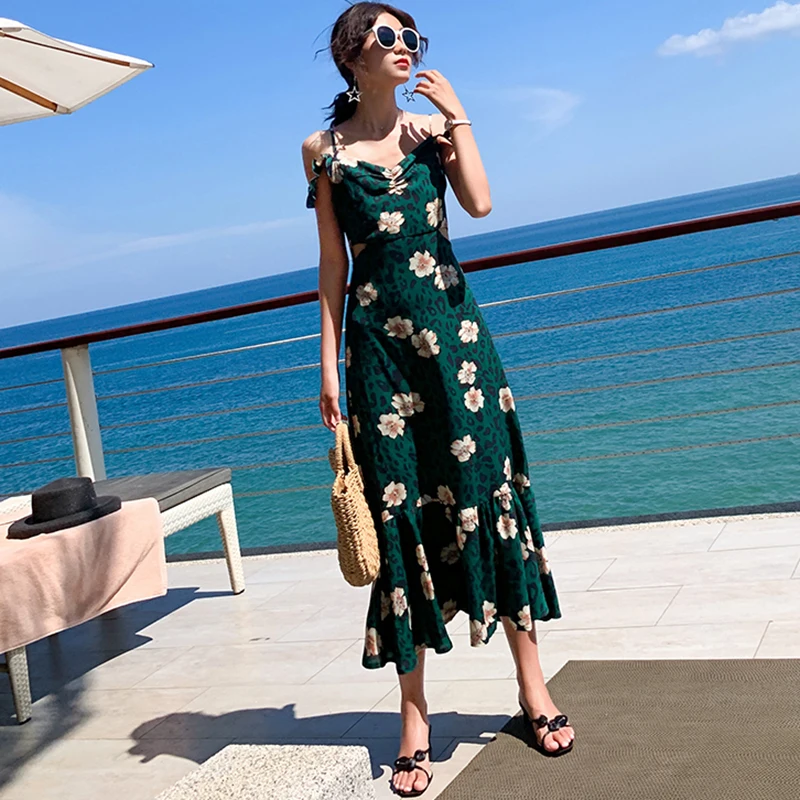 Summer Women Floral Print Green Sundress Female Boho Tropical Sexy Vacation Backless Vintage Ruffle Long Beach Sea Korean Dress