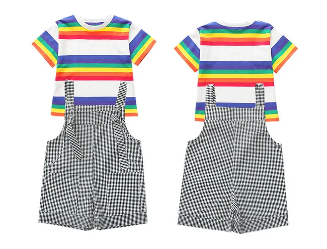 Комплект детской одежды для девочек-подростков, летнее джинсовое платье на бретельках футболка с радугой, комбинезон детская одежда из двух предметов для детей 6, 8, 10, 12, 14 лет