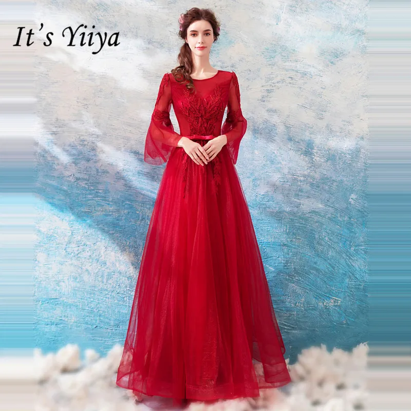 

It's YiiYa Prom Gowns Red O-neck Three Quarter Sleeves A-Line Floor Length Beading Custom Plus Size Prom Dresses 2019 E271