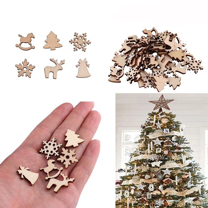 

100pc Natural Wooden DIY Christmas Decorations for Tree Home Hanging Ornaments Pendant Gifts Tree Snow Flakes Table Bottle Decor