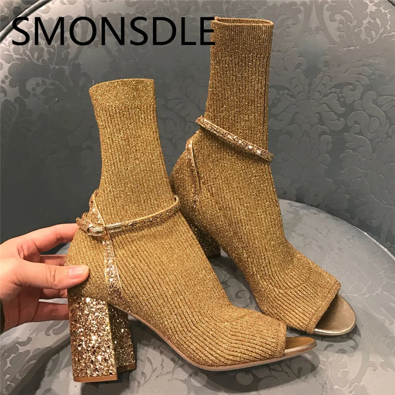 

SMONSDLE New Spring Autumn Stretch Knit Sock Boots Open Toe Women Ankle Boots Bucke Bling Bling Thick Heels Boots Shoes Woman