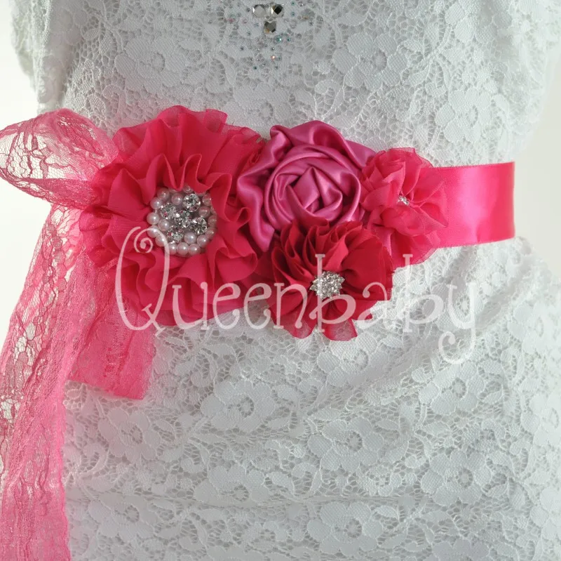 10PCS/Lot Hot Pink Flower Sash Chiffon Flower Sash Wedding Sashin Hair