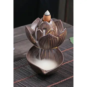 

Lotus Flower Backflow Incense Burner Smoke Waterfall Incense Burner Holder Handmade Ceramic Censer Home Office Decoration