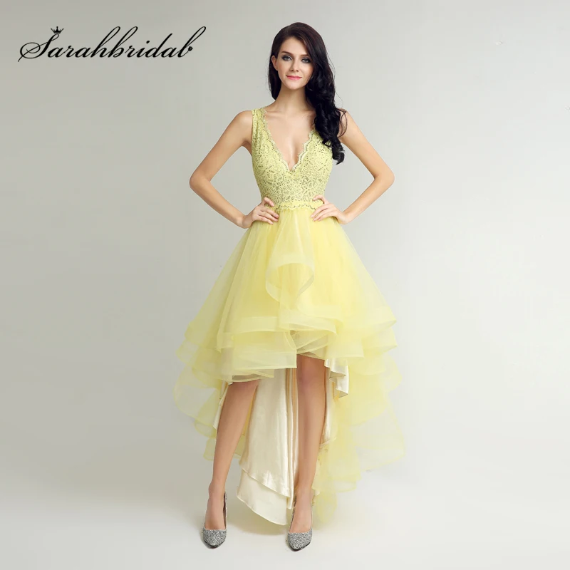 

2019 Deep V-Neck High Low Prom Dresses With Lace Beaded Bodice Tulle Ruched Skirt Chic Gala Party Dress Evening Gown OL230