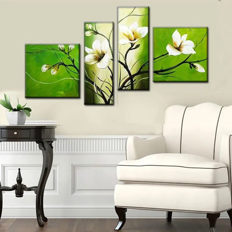 

Handpainted Modern Abstract Flower Oil Paintings 4 Piece Green Canvas Painting Home Decor Wall Art White Floral Flowers Pictures
