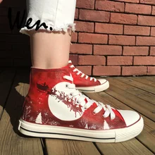 Вэнь дизайн на заказ Красный Ручная роспись обувь Рождественская елка Санта езды для женщин мужчин высокие холщовые спортивная обувь кружево up