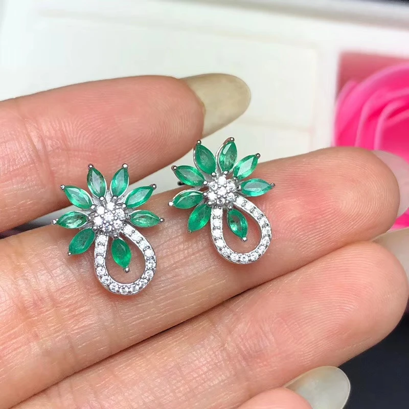 

natural green emerald gem earrings S925 silver Natural gemstone earring women fashion Lovely Flower girl party gift jewelry