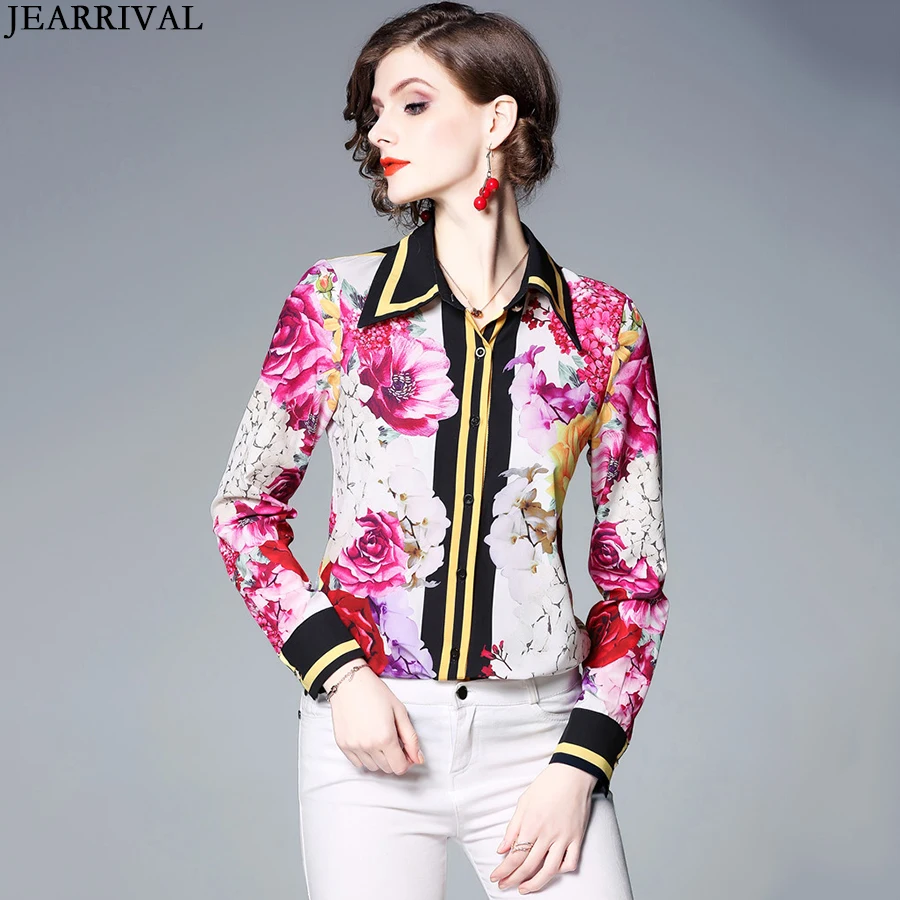 

JEARRIVAL Runway Designer Womens Tops And Blouses 2019 Spring Long Sleeve Floral Slim Shirt High Quality Ladies Vintage Top