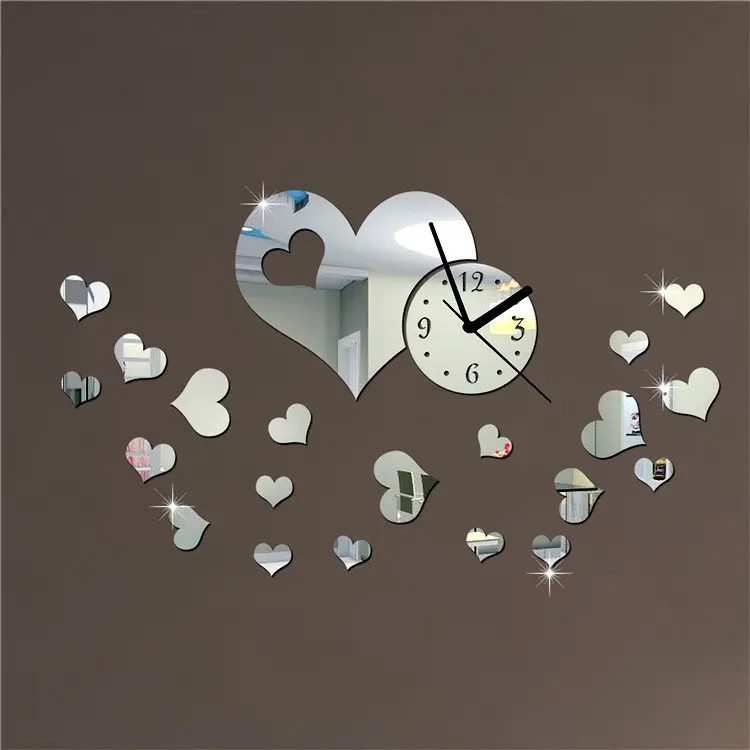 NEW ART DIY acrylic heart and round wall mirror clock sticker , 3D ...