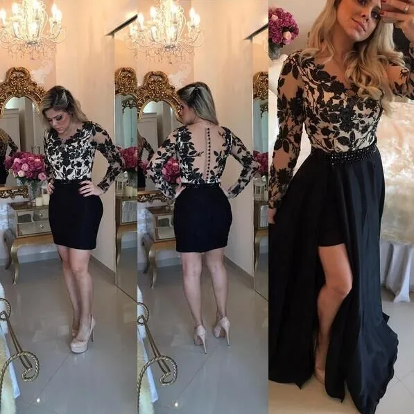 Illusion Long Sleeves Short Prom Dresses Lace Applique Bodice Button Detail And Detachable Skirt Gow | Свадьбы и торжества