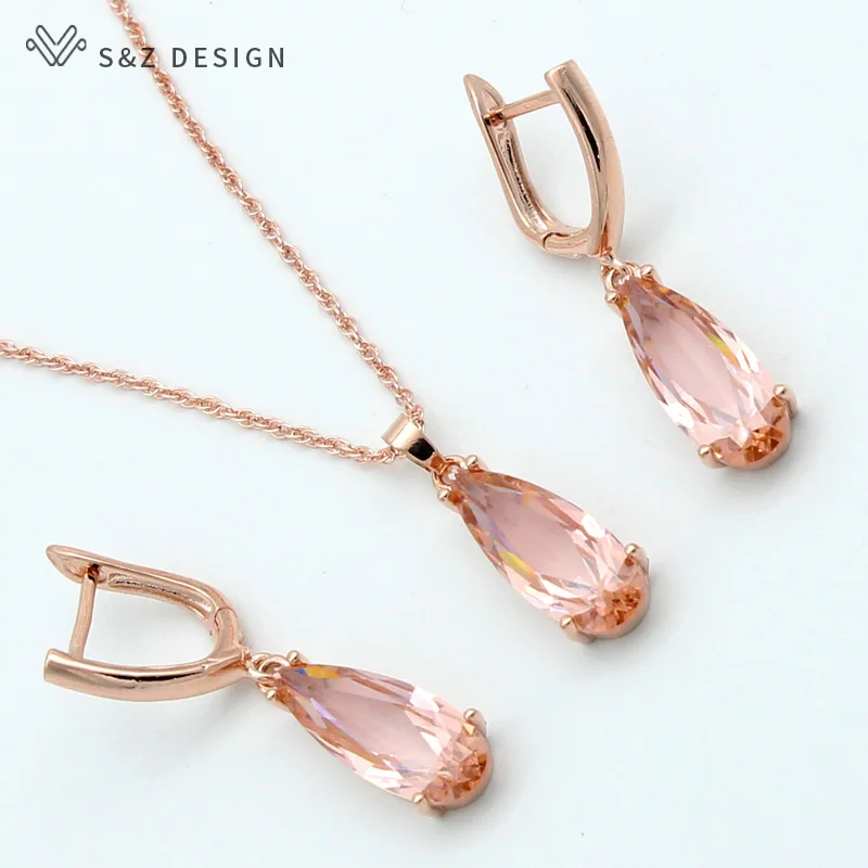 

S&Z 6 Color Long Water Drop Dangle Zircon Earrings Jewelry Set 585 Rose Gold Color For Women Korean Fine Wedding Party Jewelry