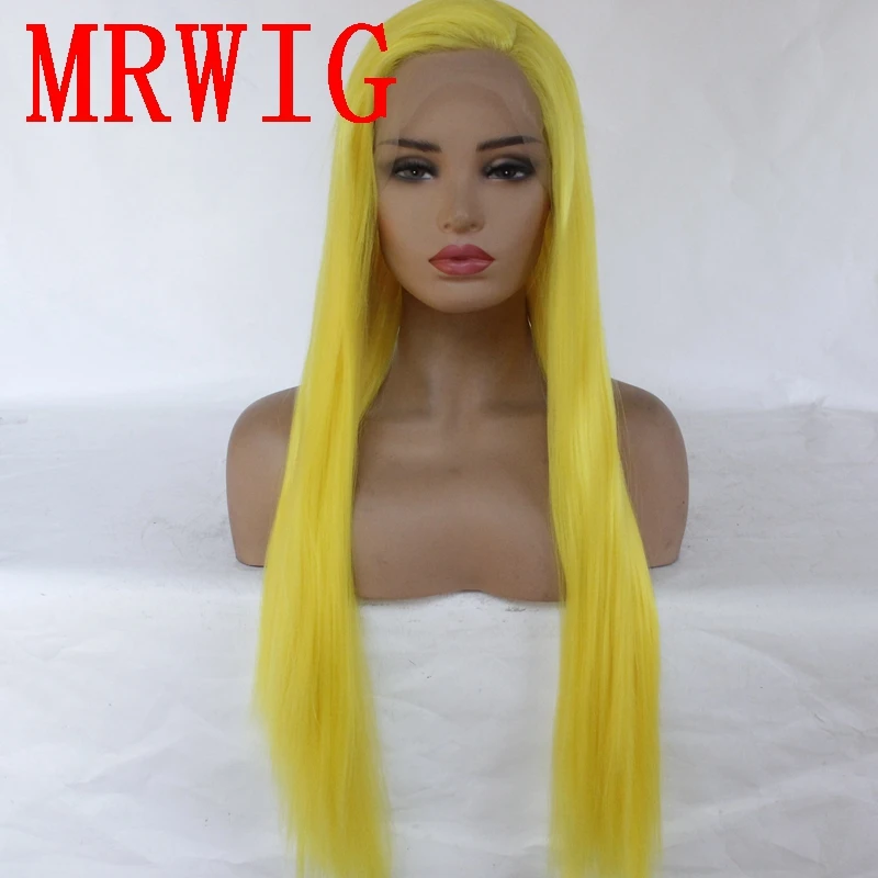 MRWIG 26in боковая часть Левой длинные прямые желтые волосы цвет синтетический косплэй спереди кружево парик для женщин