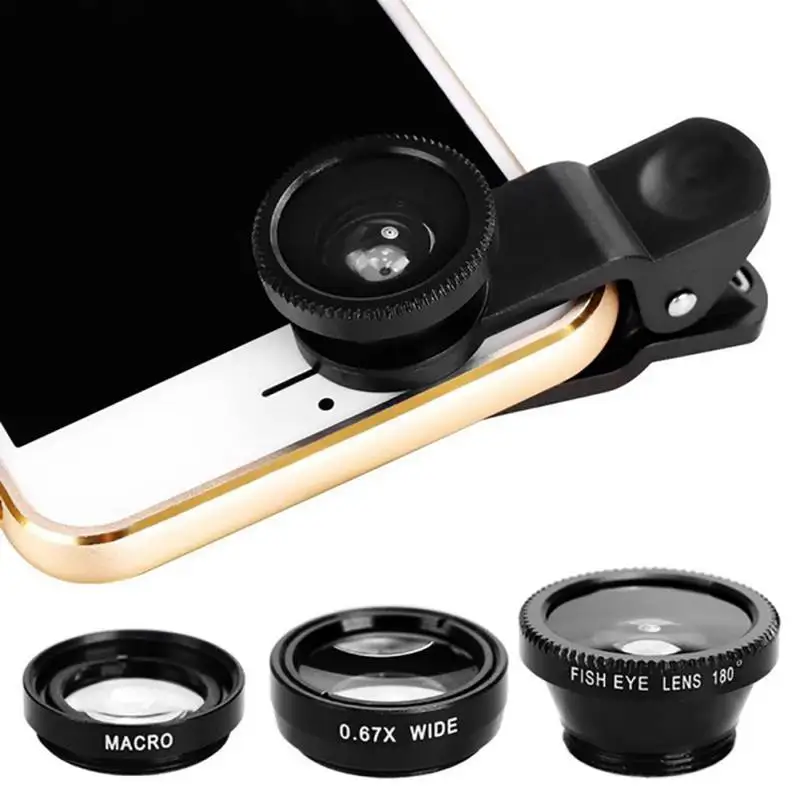 

Universal 3in1 Clip-on Mobile Phone Camera Lens Kit 180 Degree Fisheye Lens+ Wide Angle 0.67X Macro External Lens for Cellphone