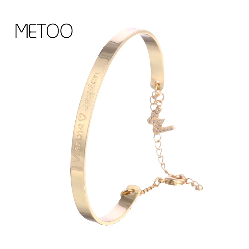 

METOO Custom Name Bangle Bracelet with Zircon-studded Letter Pendant Positive Inspirational Bracelet Fashion Jewelry Best Gift