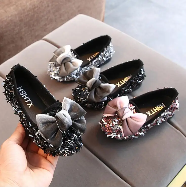 

Girls Leather Shoes Children Girls Princess Rhinestone Bow Sequins Single Shoes Flat Soft Bottom Kids Party Shoes Pink