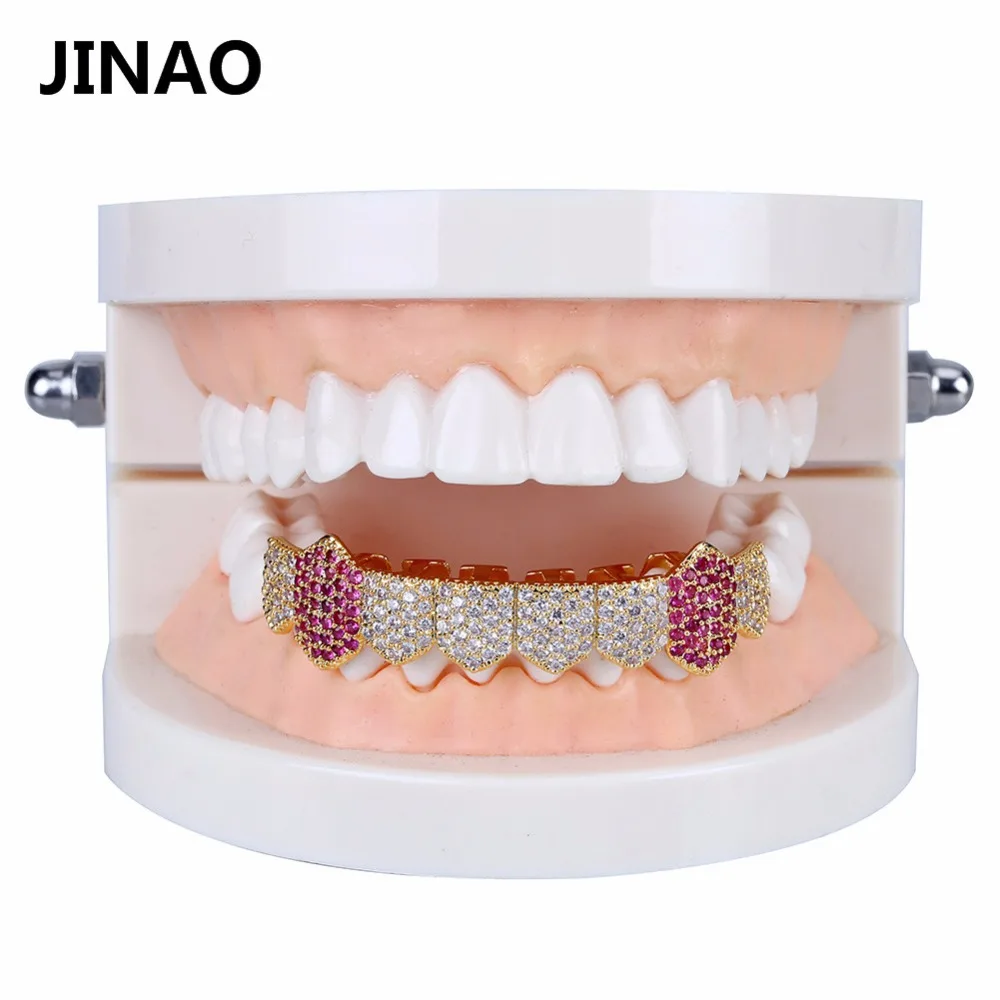 Online JINAO Hip Hop helado fuera de los dientes de vampiro Grillz chapado en oro plata Micro pavé CZ piedras solo boca inferior parrillas Holleween regalo de los hombres