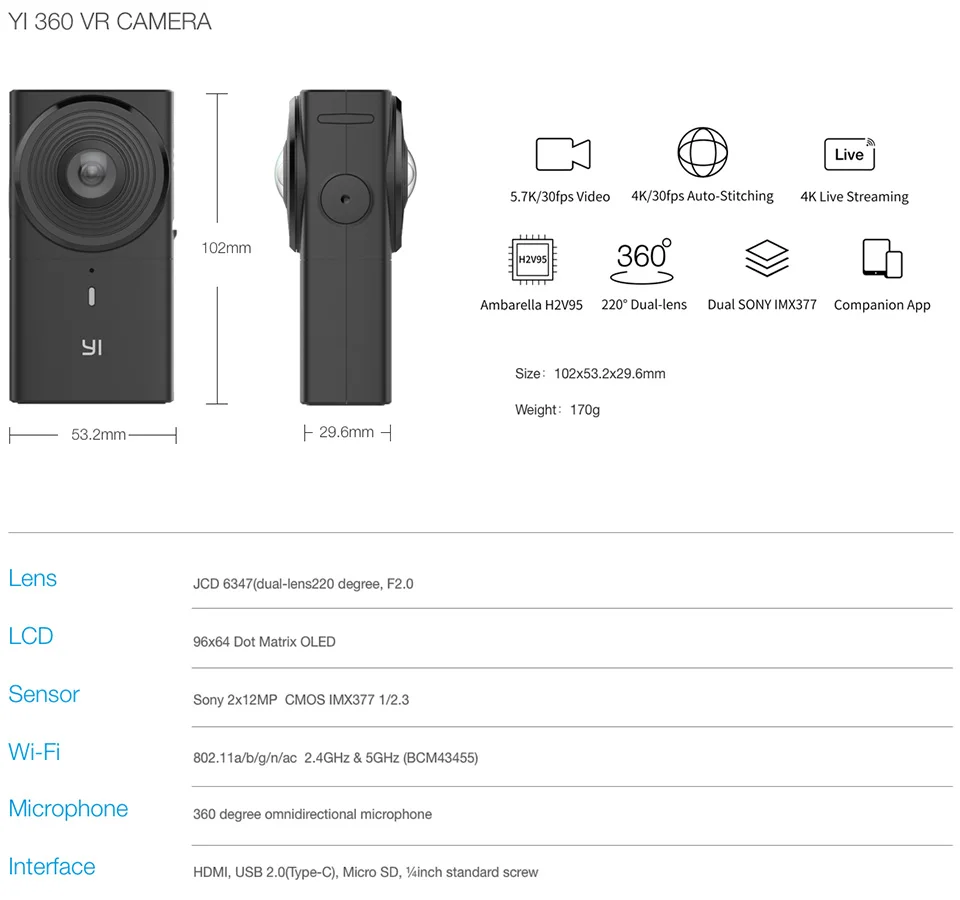 Панорамная камера YI 360 VR 360-градусная съемка Функция голосового управления Максимальное разрешение фотосъемки: 5760×2880
