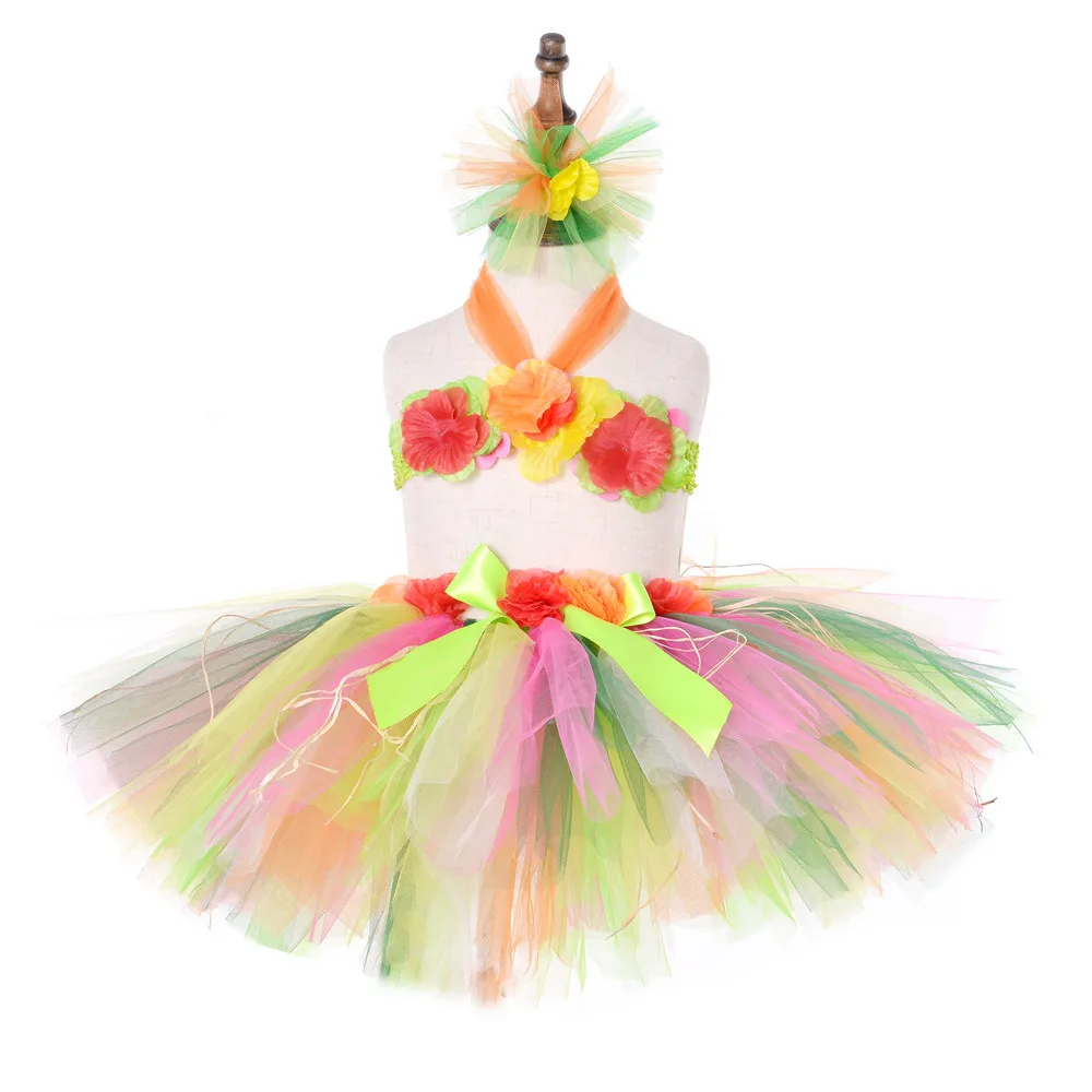 3pcs Hawaiian Hula Tutu Set Baby Girls Birthday Luau Party Dress Kids Halloween Beach Bonfire Vacation Holiday Dress Up Costumes