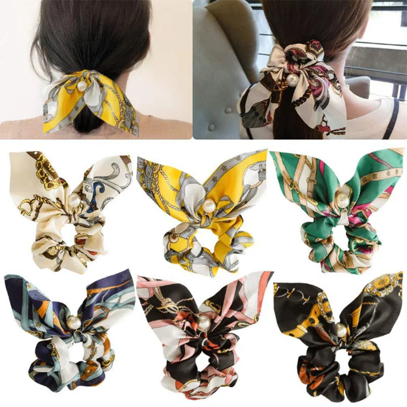 

Vintage Women Ponytail Holder Summer Headbands Pearl Hair Scarf Bowknot Streamers Scrunchies Elastic Hair Ties for Girls