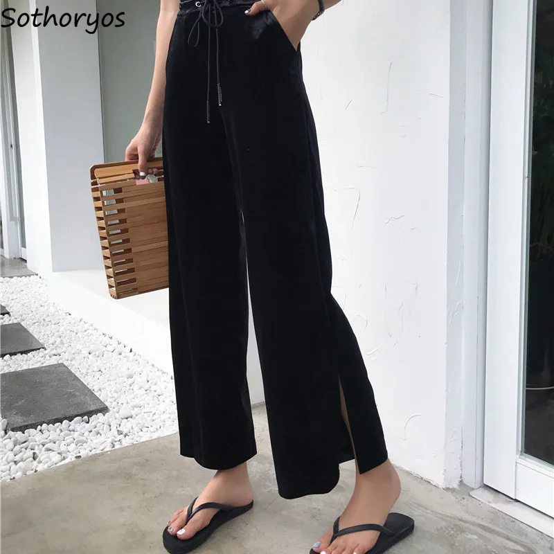 

Pants Women Retro High-waist Trendy Korean Style Loose High Quality Womens Casual Elegant Drawstring Female Velour Long Trousers