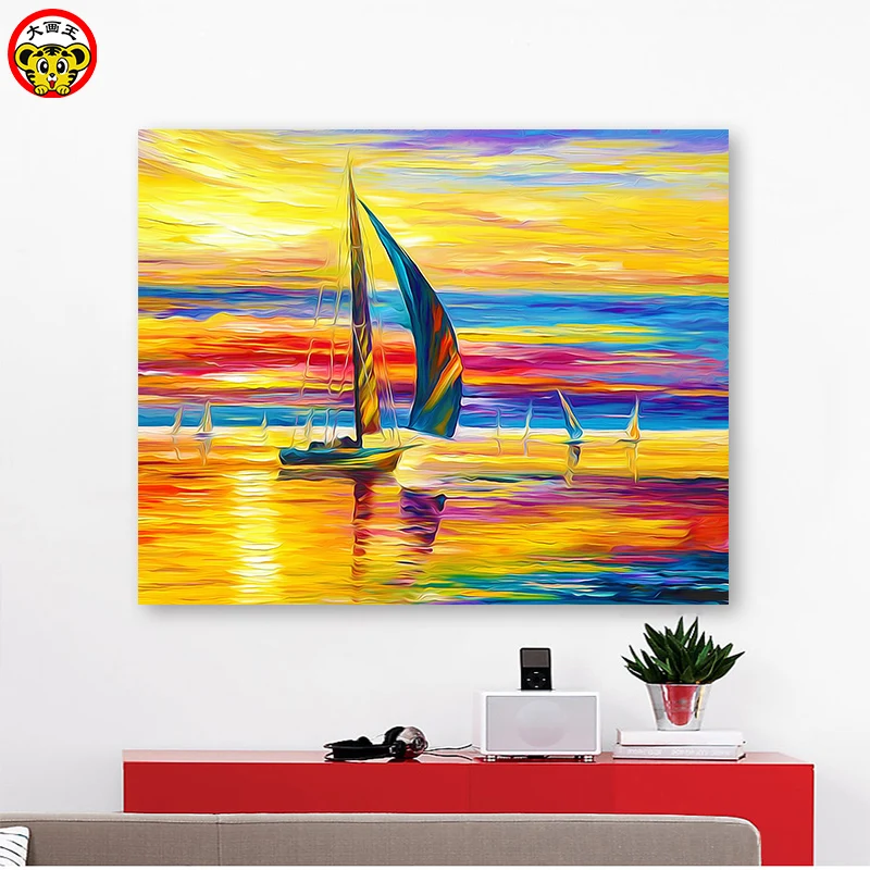 Billig Malerei durch zahlen kunst farbe durch zahl Diy Europäischen sunset segeln landschaft malerei hintergrund wand hand gemalt füllung de