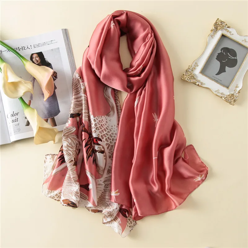 

Designer Pink Birds Pure Silk Scarf Women Summer Luxury Natural Foulard Silk Shawl Wrap Scarfs Female New Oversized
