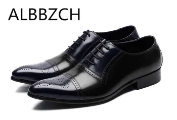 

Men Retro Oxfords Genuine Leather Dress Shoes Men's Wedding Shoes England Fashion Trend Business Work Man Shoes Black Brown Blue