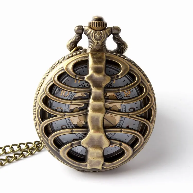 Retro Steampunk Bronze Spine Ribs Hollow Quartz Pocket Watch Necklace Pendant sweater chain Women Gift P105 9