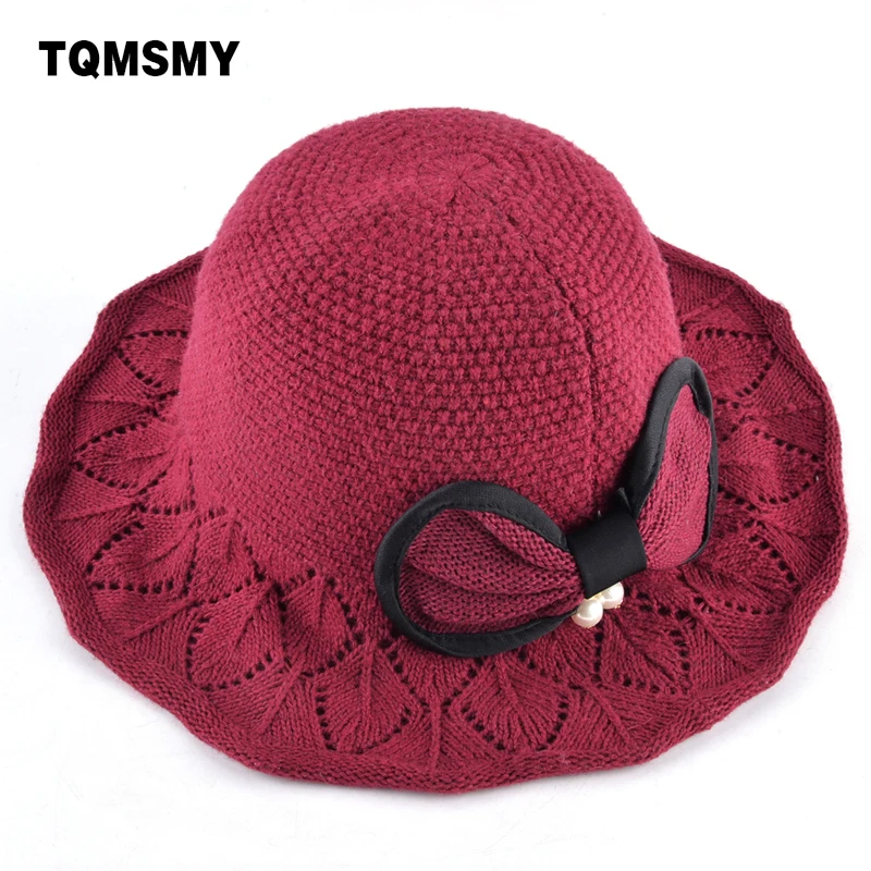 TOMSMY Casual Knitted wool hat women's bucket hats winter wide side cap