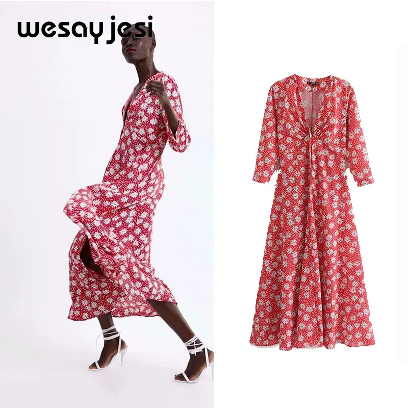 

2019 dress women vestidos England style a-line print three quarter ankle-length v neck streetwear vestidos de fiesta party dress