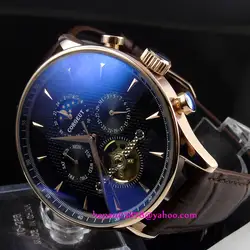 44 мм corgeut черный циферблат Выпуклое стекло золотые руки и чехол moon phase многофункциональный автоматический механизм мужские часы P204