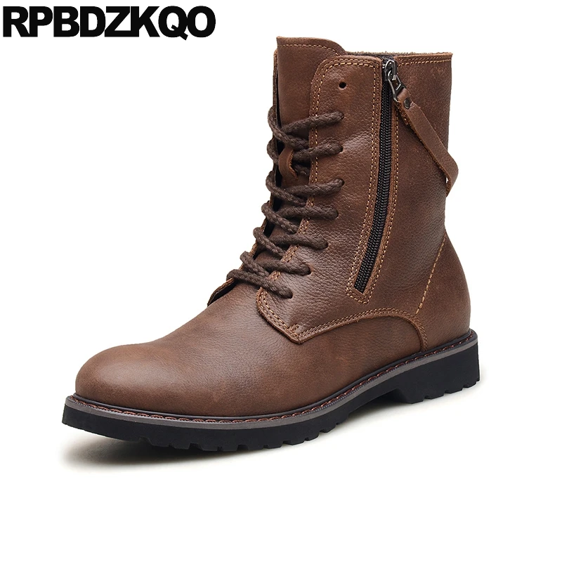 

Men Shoes Flat Combat Fall Brown Military Ankle Super Warm Winter Boots Russian Style Full Grain Zipper Army Genuine Leather Fur