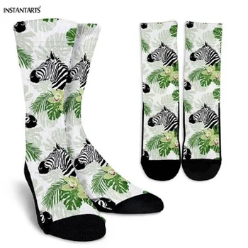 

INSTANTARTS Women Summer Sports Socks Cute Animal Tropical Leaves Zebra Green Running Bike Cycling Socks Outdoor Knee High Sock