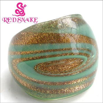 

RED SNAKE Fashion Ring Handmade golden with green Nebula pattern Murano Glass Rings