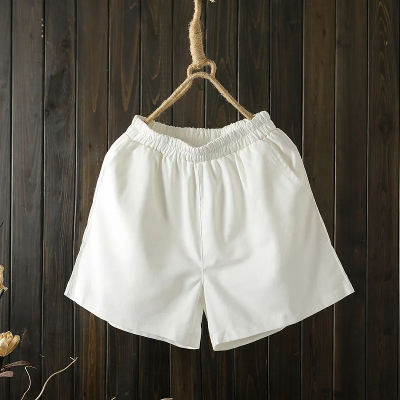 Летние шорты, свободные, 4XL, плюс размер, хлопок, повседневные, для женщин, короткие брюки, высокая эластичная талия, короткие, одноцветные - Цвет: Белый