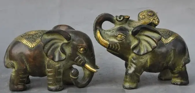 

S02373 chinese bronze fengshui animal Africa Auspicious Elephant ruyi lucky statue pair (B0413)