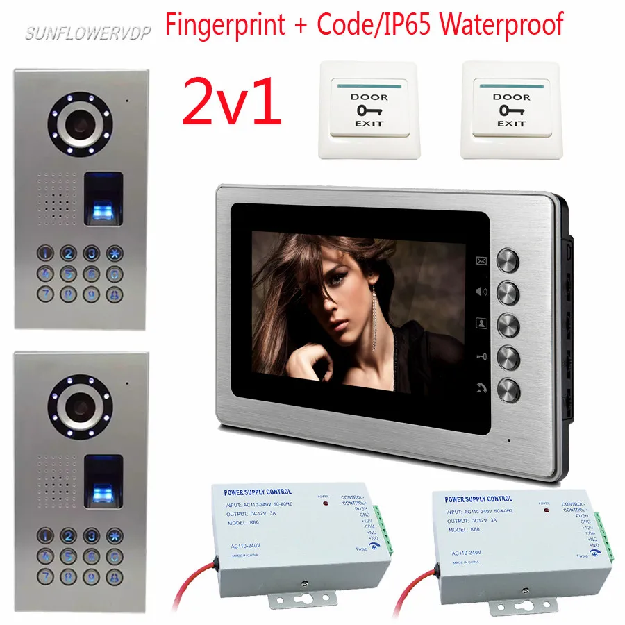 

2v1 Fingerprint Code Video Door Phone Wired IP65 Waterproof Video Intercom Door Color 7" Color Metal Monitors For 2 Doors System
