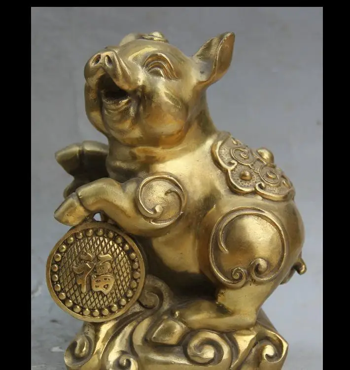 

671115923++7" Chinese Feng Shui Brass Zodiac Year Pig Fu Swine Animal hog Statue Sculpture