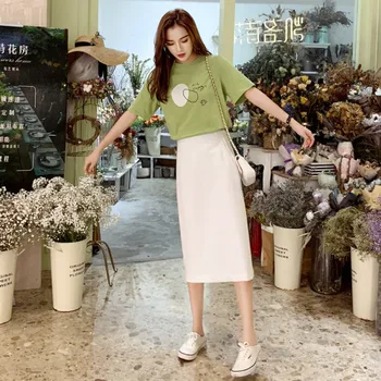 

Casual 2 Piece Set Women Pullover Short Sleeves Print Tops Mid-calf Solid Skirts Fashion Women Sets Clothes Temperament