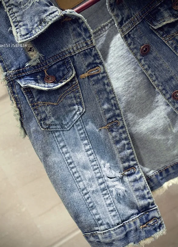 Ретро потертые женские джинсы джинсовый жилет без рукавов персонализированный Кардиган Куртка Мода Весна Лето Стиль 58
