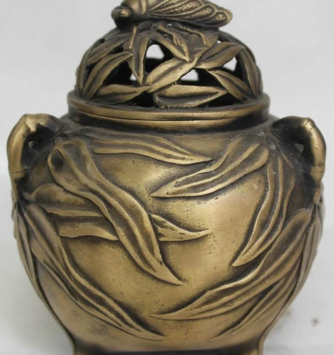 

6"Chinese China Bronze Lifelike Lucky bamboo leaf cicada Incense Burner Censer