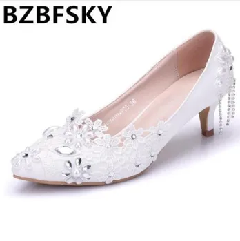 

BZBFSKY Elegant Flower Pearl Bridal Shoes 2018 Beaded Lace White Wedding Shoes Women Dress Pumps Pointed Toe High Heels