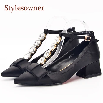 

Stylesowner New Black Beige Satin Women Shoe Comfortable Pointed Toe Bowtie T-strap 2020 Spring Single Shoes OL Big Stone Pumps