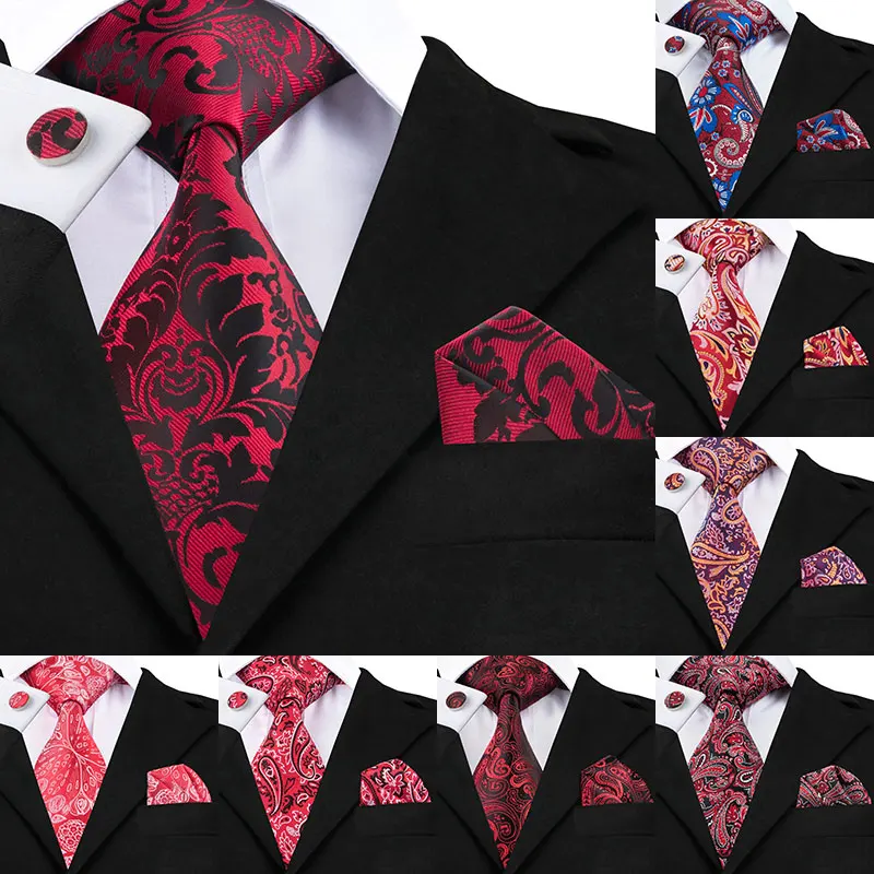 12 Style Red Paisley Luxury Silk Men Tie Set for Men Business Party Wedding Red Tie Handkerchiefs Cufflinks Set Male Necktie