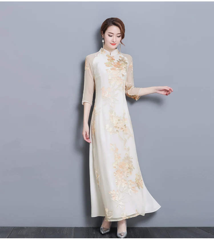 ao dai длинное платье Чонсам вьетнамское традиционное платье aodai изящное платье со стоячим воротником вьетнамская одежда восточное платье - Цвет: color1