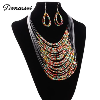 

Donarsei Fashion 20 Layers Handmade Colorful Beads Jewelry Sets For Women Ethnic Multilayer Pendant Necklace +Drop Earrings Gift